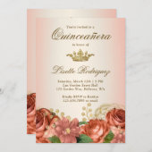Peach Gold Floral Rozen Quinceanera Kaart (Voorkant / Achterkant)