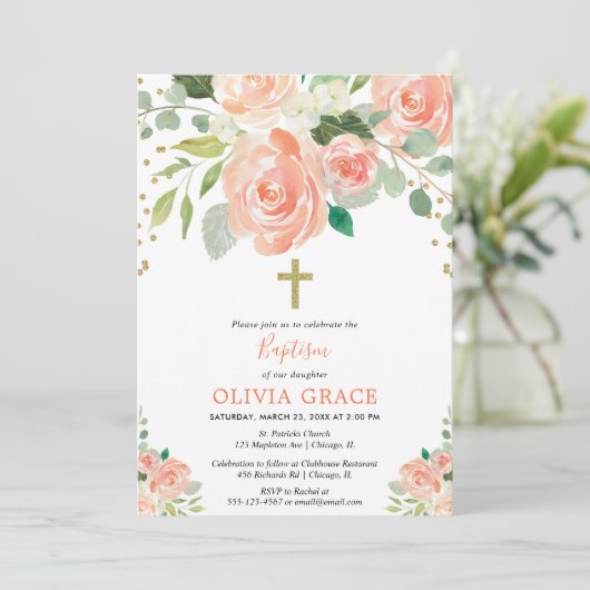 Peach gold floral waterverf baptisme girl kaart (Staand voorkant)