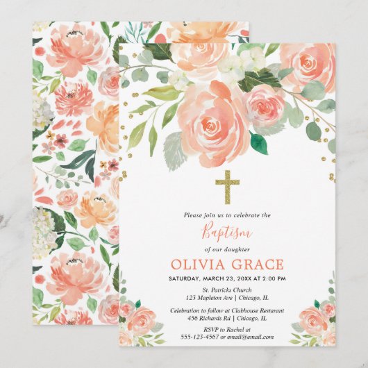 Peach gold floral waterverf baptisme girl kaart (Voorkant / Achterkant)