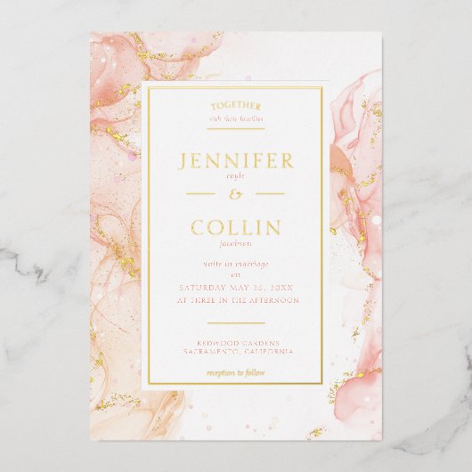 Peach & Gold Foil Marbleized Wedding Invitation Folie Uitnodiging (Voorkant)