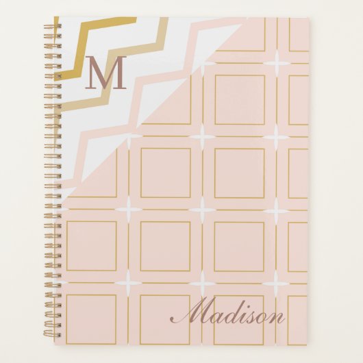 Peach Gold Geometric Trendy Monogram Planner (Voorkant)