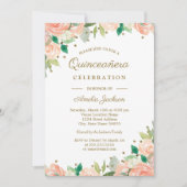 Peach Gold Glitter Bloemen Quinceanera Uitnodigen Kaart (Voorkant)