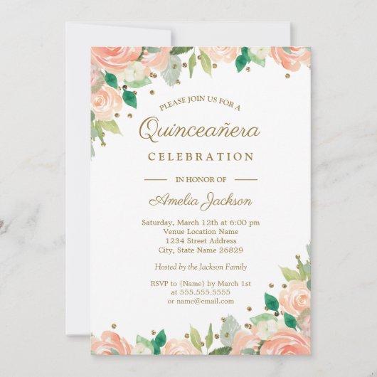 Peach Gold Glitter Bloemen Quinceanera Uitnodigen Kaart (Voorkant)