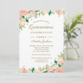 Peach Gold Glitter Bloemen Quinceanera Uitnodigen Kaart (Staand voorkant)