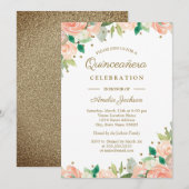 Peach Gold Glitter Bloemen Quinceanera Uitnodigen Kaart (Voorkant / Achterkant)