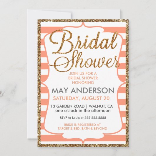 Peach Gold Glitter Bridal Shower-uitnodiging Kaart (Voorkant)