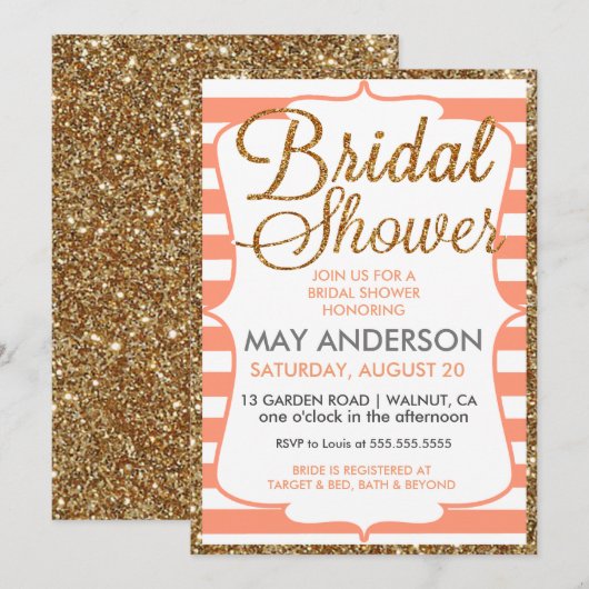 Peach Gold Glitter Bridal Shower-uitnodiging Kaart (Voorkant / Achterkant)