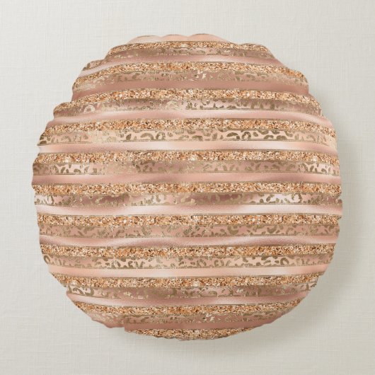 Peach Gold Glitter Leopard Print Stripes Rond Kussen (Voorkant)