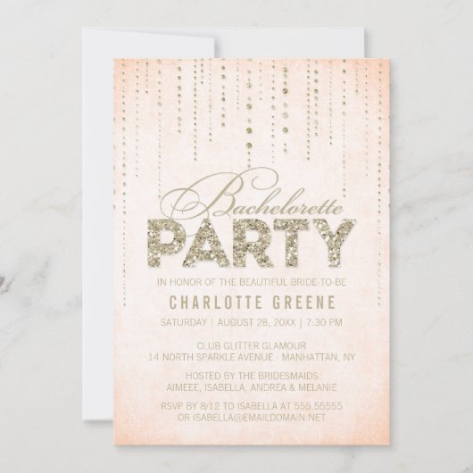 Peach & Gold Glitter look Bachelorette Party Kaart (Voorkant)