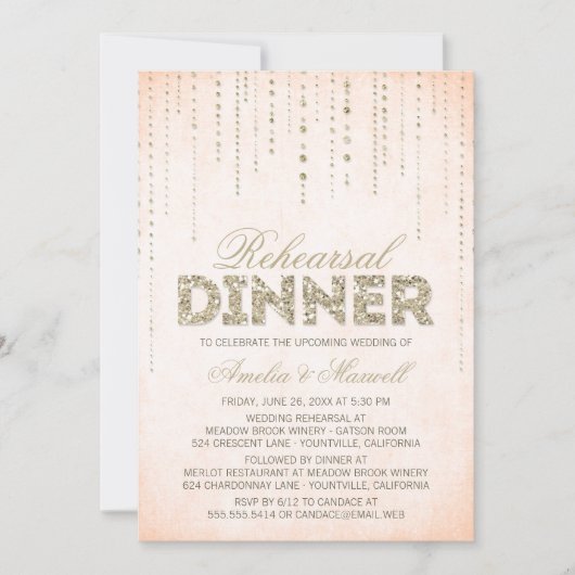 Peach & Gold Glitter look Rehearsal Dinner Uitnodi Kaart (Voorkant)