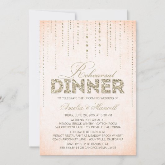 Peach & Gold Glitter look Rehearsal Dinner Uitnodi Kaart (Voorkant)