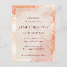 Peach Gold Marble Effect Monogram Elegant Wedding Briefkaart