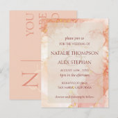 Peach Gold Marble Effect Monogram Elegant Wedding Briefkaart (Voorkant / Achterkant)