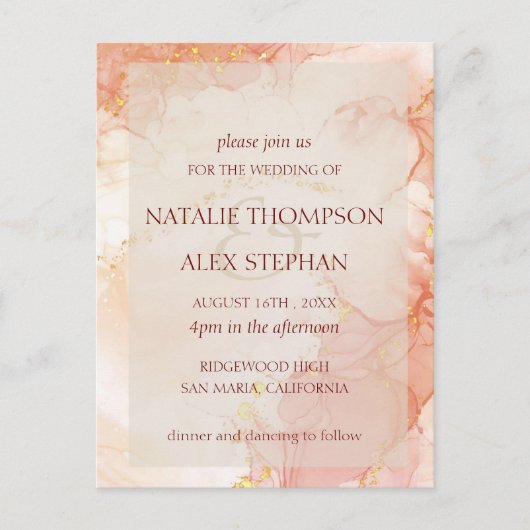 Peach Gold Marble Effect Monogram Elegant Wedding Briefkaart (Voorkant)