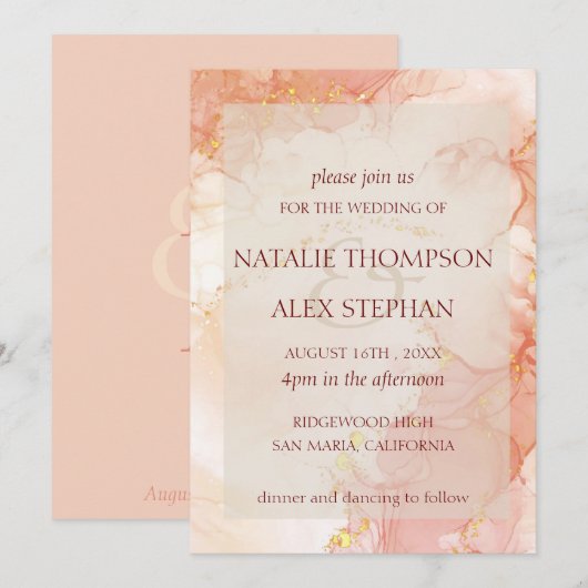 Peach Gold Marble Effect Monogram Elegant Wedding Kaart (Voorkant / Achterkant)
