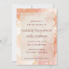 Peach Gold Marble Effect Monogram Elegant Wedding Kaart