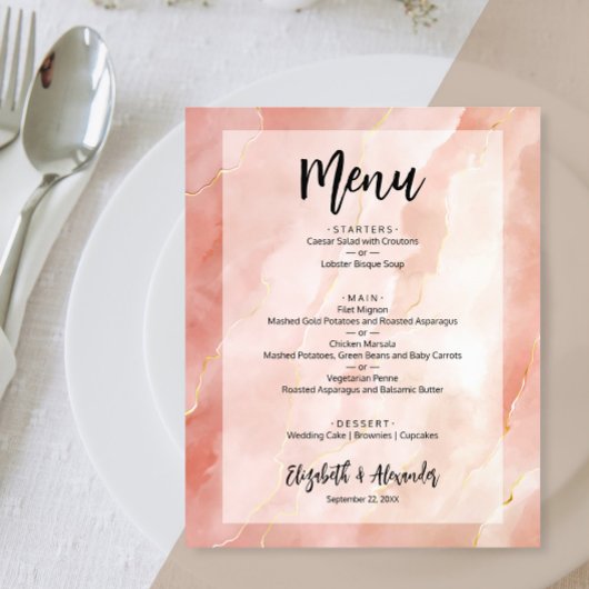Peach Gold Marble Weddenmenu Flyer