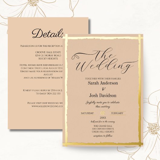 Peach Gold Minimal Wedding Folie Uitnodiging