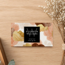 Peach Gold Modern Abstract Monogram Business Cards Visitekaartje