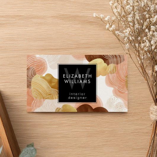 Peach Gold Modern Abstract Monogram Business Cards Visitekaartje