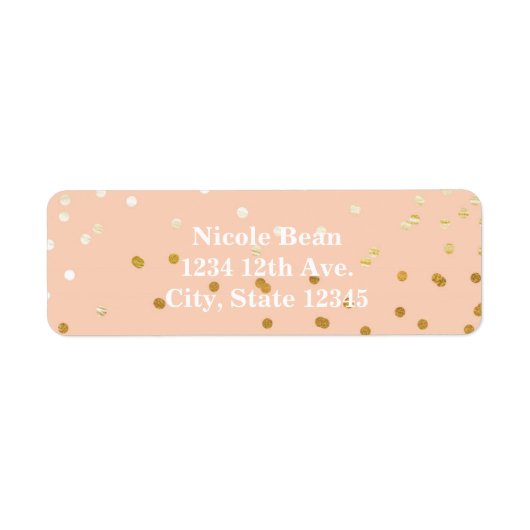 Peach & Gold Shiny Confetti Stippen Moderne Etiket (Voorkant)