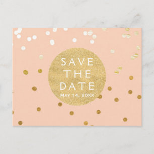 Peach & Gold Shiny Confetti Stippen sparen de datu Aankondigingskaart