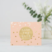 Peach & Gold Shiny Confetti Stippen sparen de datu Aankondigingskaart (Staand voorkant)