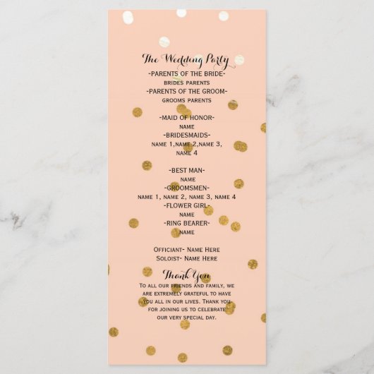 Peach & Gold Shiny Faux Folie Confetti Program rac Programmakaart (Achterkant)