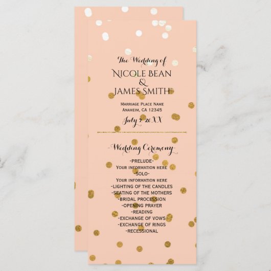 Peach & Gold Shiny Faux Folie Confetti Program rac Programmakaart (Voorkant / Achterkant)