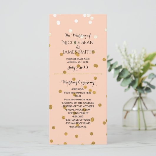 Peach & Gold Shiny Faux Folie Confetti Program rac Programmakaart (Staand voorkant)