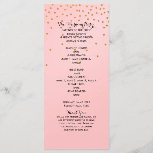 Peach & Gold Shiny Faux Folie Confetti Program rac Programmakaart (Achterkant)