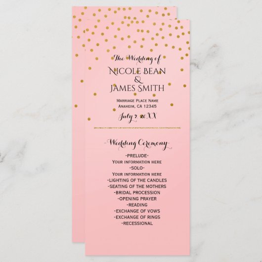 Peach & Gold Shiny Faux Folie Confetti Program rac Programmakaart (Voorkant / Achterkant)