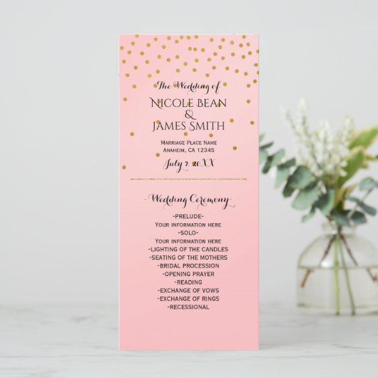 Peach & Gold Shiny Faux Folie Confetti Program rac Programmakaart (Staand voorkant)