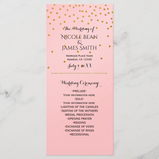 Peach & Gold Shiny Faux Folie Confetti Program rac Programmakaart (Voorkant)