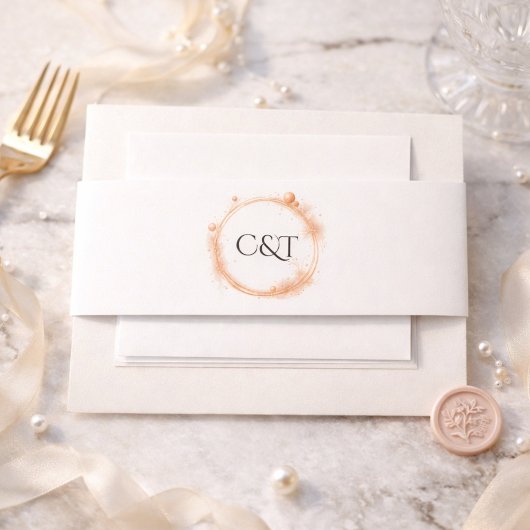 Peach Gold Sparkle Monogram Trouw Suite Uitnodigingen Wikkel