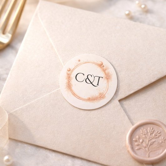 Peach Gold Sparkle Script Monogram Wedding Ronde Sticker