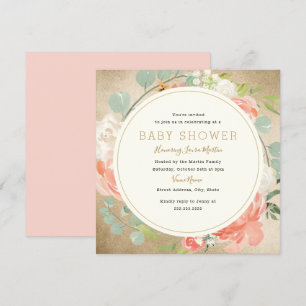 Peach Gold Sparkle WreatFloral Baby shower Kaart