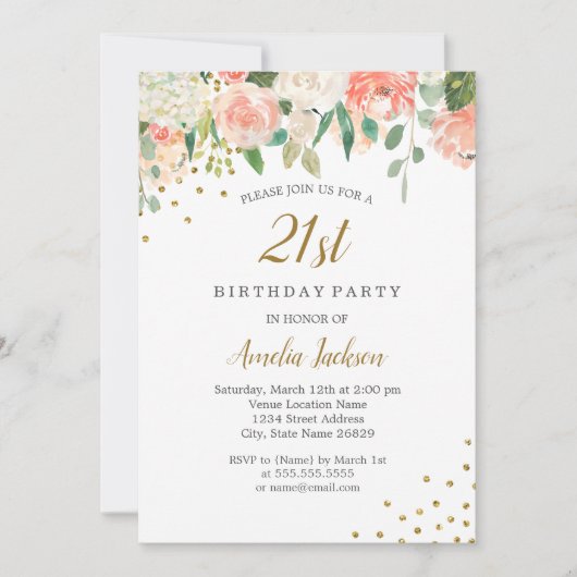 Peach Gold Waterverf Bloemen 21ste Verjaardagsfees Kaart (Voorkant)
