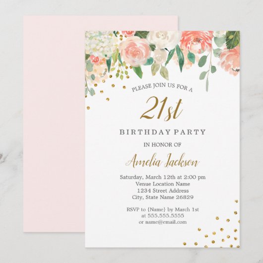 Peach Gold Waterverf Bloemen 21ste Verjaardagsfees Kaart (Voorkant / Achterkant)