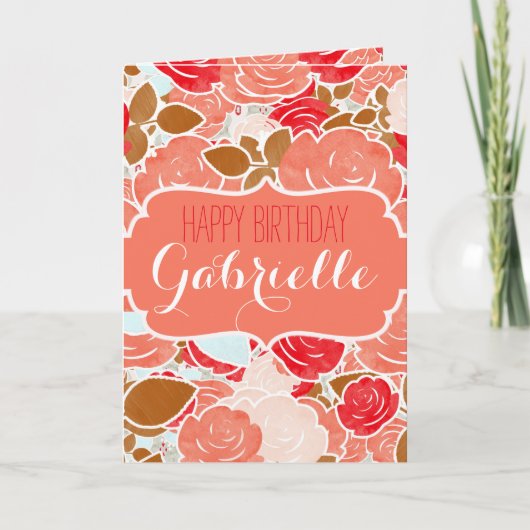 Peach & Gold Waterverf Bloemmeisje Happy Birthday Kaart (Voorkant)