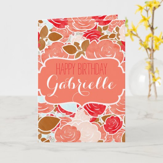 Peach & Gold Waterverf Bloemmeisje Happy Birthday Kaart (Gele Bloem)