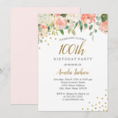 Peach Gold Waterverf Floral 100ste verjaardagsfees Kaart (Voorkant / Achterkant)