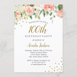 Peach Gold Waterverf Floral 100ste verjaardagsfees Kaart