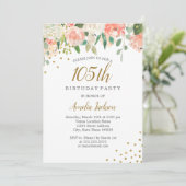 Peach Gold Waterverf Floral 105th Birthday Party Kaart (Staand voorkant)
