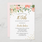 Peach Gold Waterverf Floral 105th Birthday Party Kaart (Voorkant / Achterkant)
