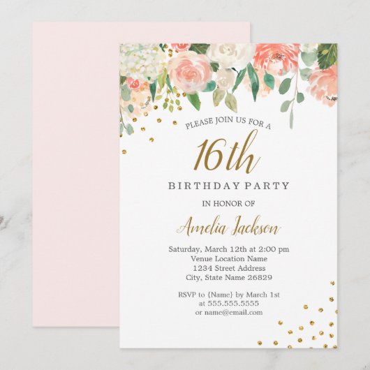 Peach Gold Waterverf Floral 16e verjaardagsfeestje Kaart (Voorkant / Achterkant)