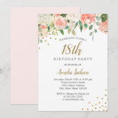 Peach Gold Waterverf Floral 18e verjaardagsfeestje Kaart (Voorkant / Achterkant)