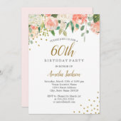 Peach Gold Waterverf Floral 60ste verjaardagsfeest Kaart (Voorkant / Achterkant)