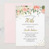 Peach Gold Waterverf Floral 70ste verjaardagsfeest Kaart (Voorkant / Achterkant)