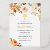 Peach Gold Waterverf Floral Girl Baptisme Folie Uitnodiging (Voorkant)